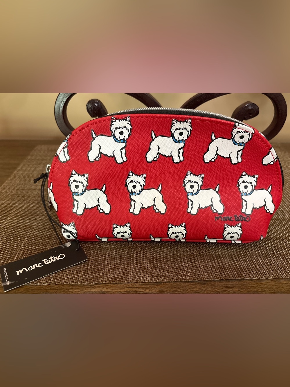 Marc Tetro Red Westie Print Cosmetic Bag. NWT